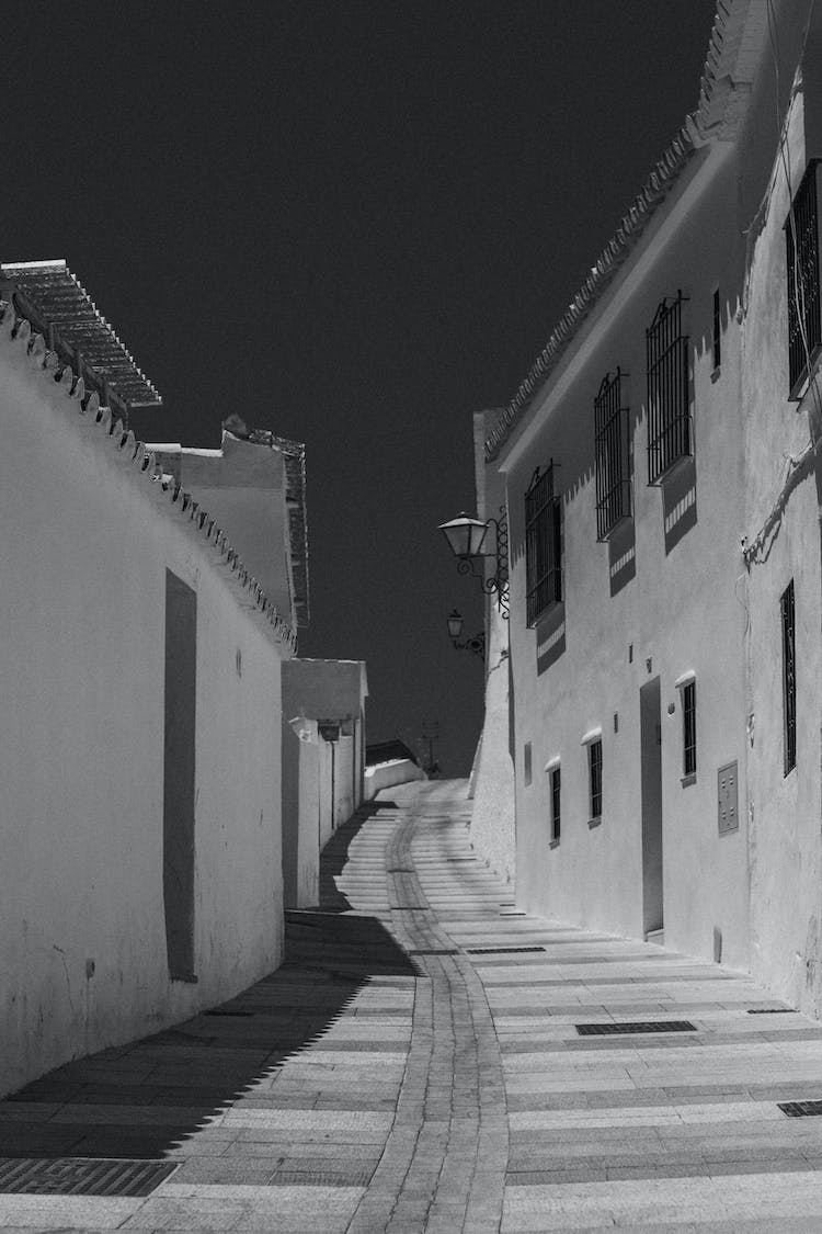 blanco y negro edificios callejon vacio