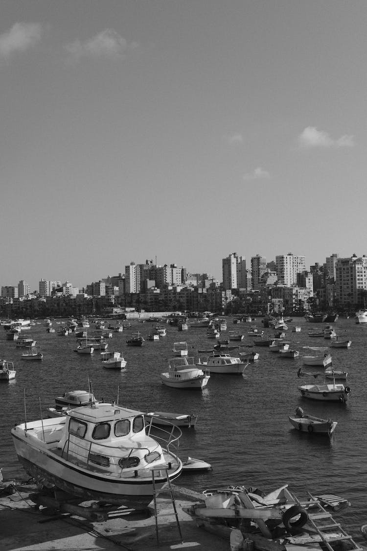 blanco y negro ciudad bahia barcos