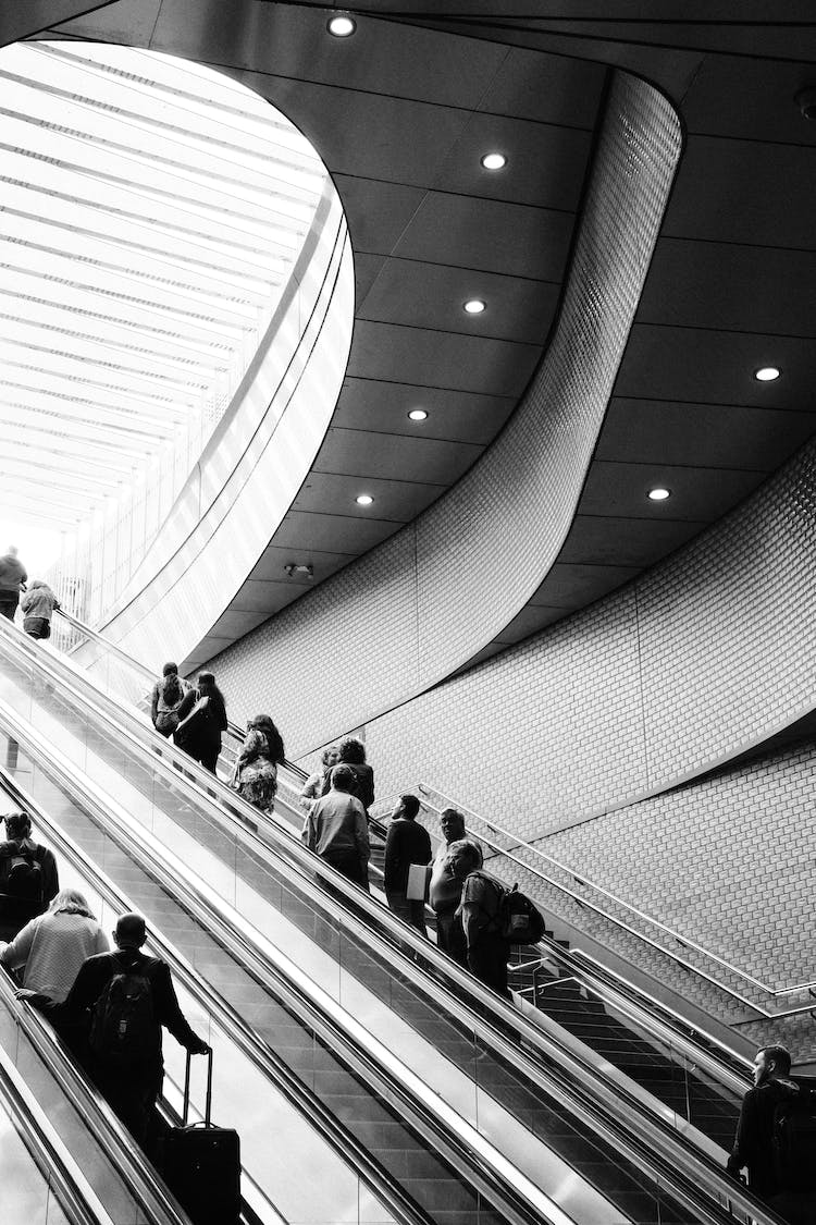 blanco y negro gente escaleras mecanicas publico