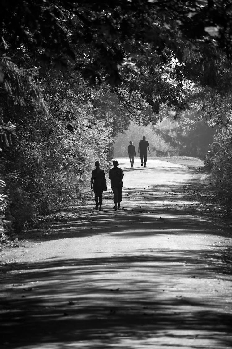 blanco y negro carretera gente caminando