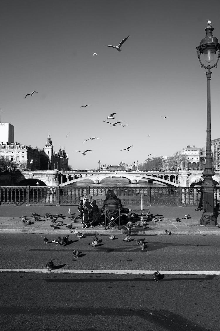 blanco y negro hombre volador calle