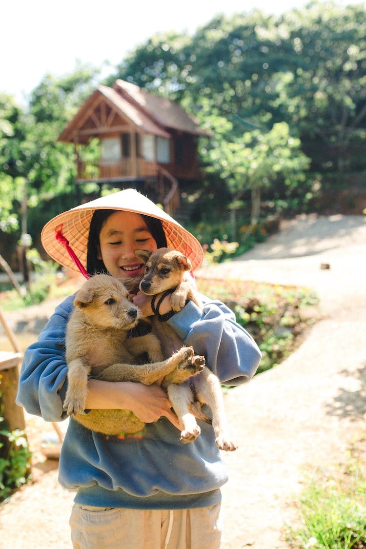 mujer sombrero en pie animales