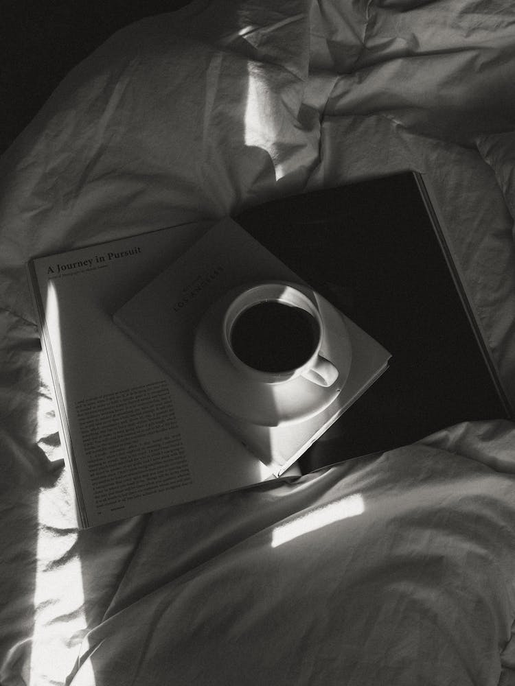 blanco y negro cafe cama libro