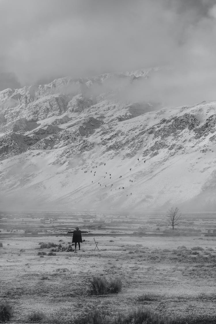 blanco y negro hombre campo montana