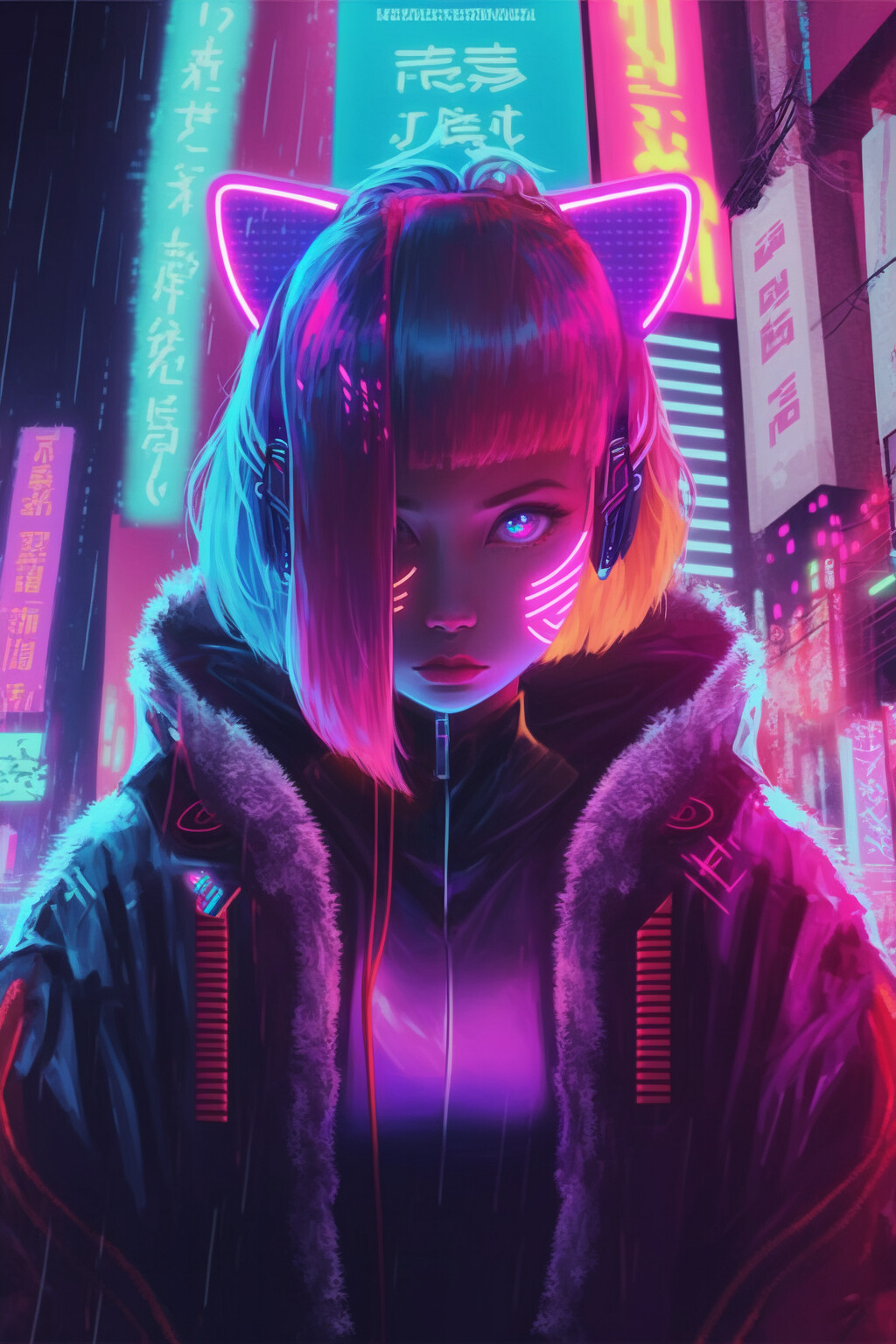 Personaje de chica creado con AI detallado Con colores neon