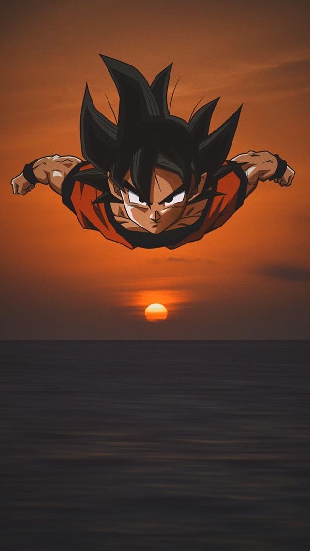 Goku volando en pleno atardecer